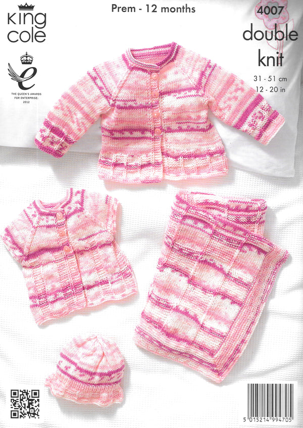 King Cole 4007 Knitting Pattern - DK Blanket/Jacket/Cardigan/Hat