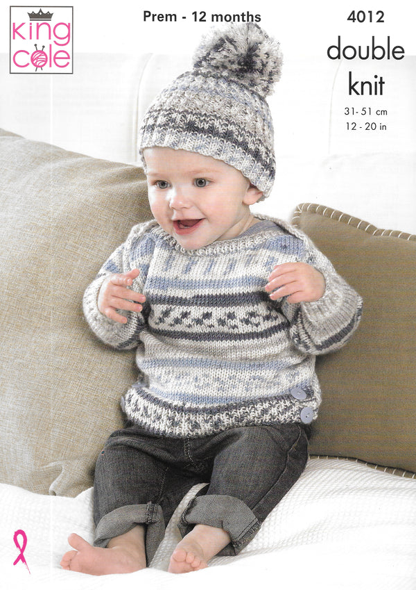 King Cole 4012 Knitting Pattern - DK Romper/Sweater/Gilet/Hat/Mittens/Blanket