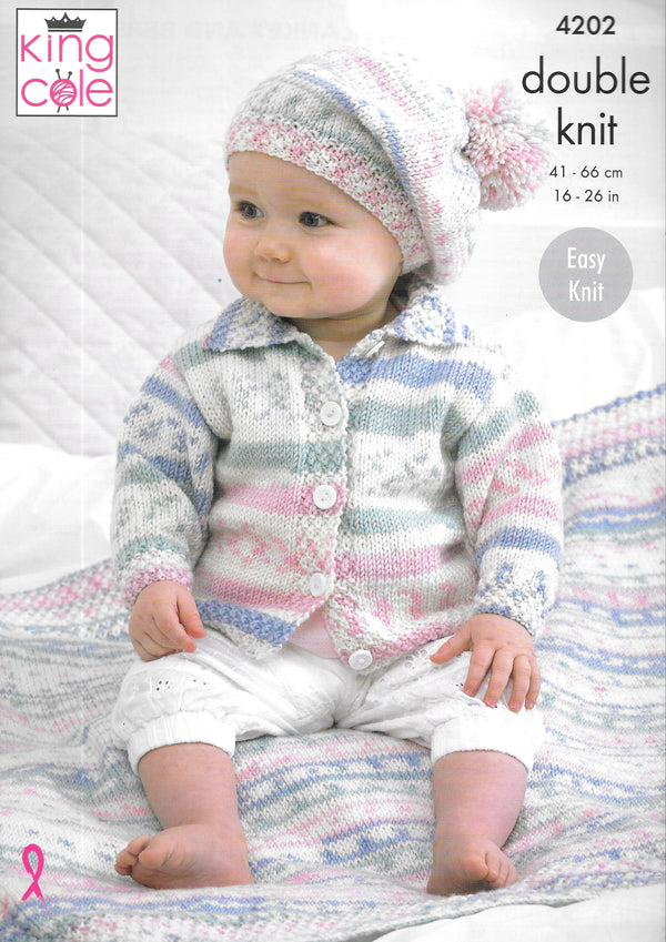 King Cole 4202 DK Knitting Pattern - Baby Cardigans / Blanket / Beret