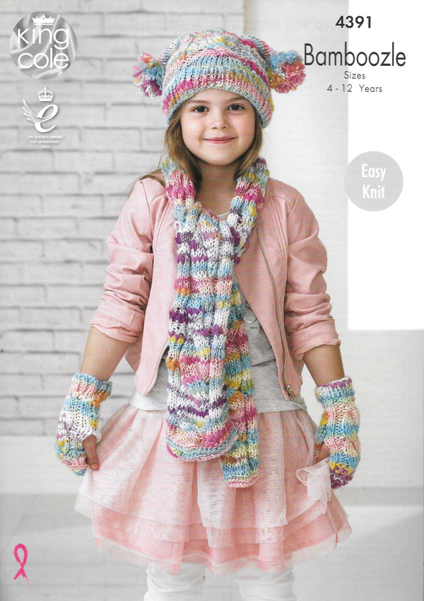 4391 King Cole knitting pattern - Snood, Hats, Mittens and Scarf - Bamboozle