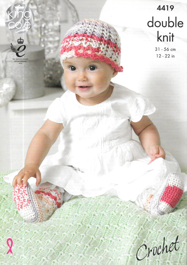 4419 King Cole Crochet pattern. Hat, scarf, socks and blanket. DK