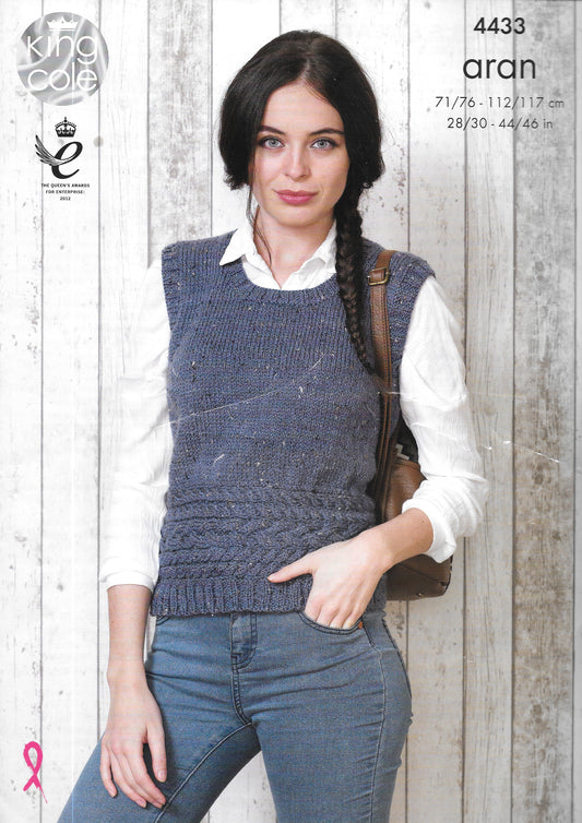 4433 King Cole Knitting Pattern. Lady's top. Aran Knitting Yarn. 28-46" chest