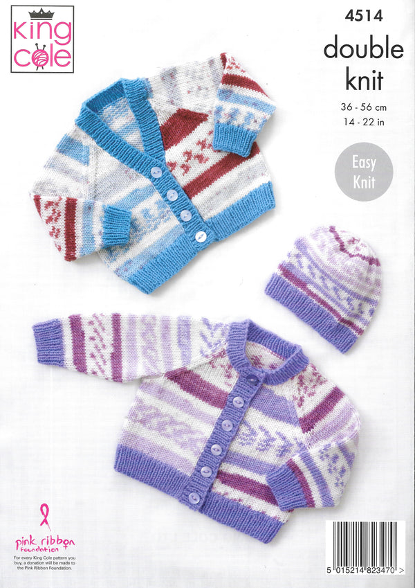 4514 King Cole Knitting Pattern. Baby Cardigans and hat. Double Knit