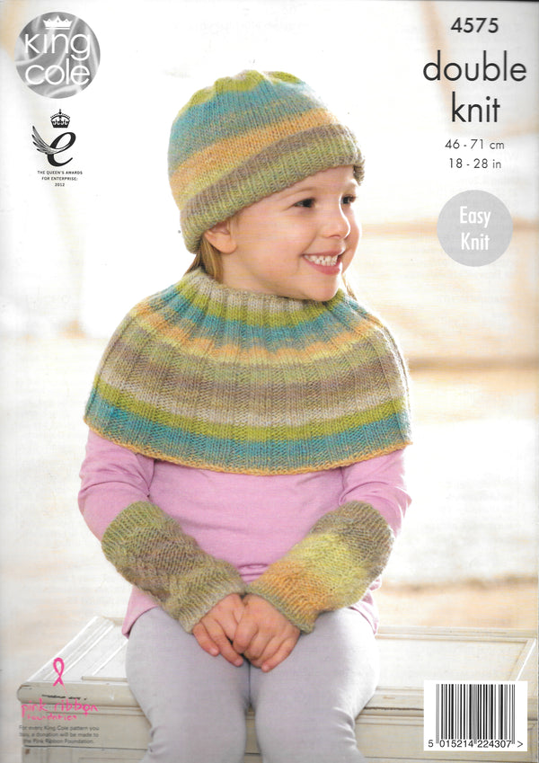 4575 King Cole Double Knit Poncho, shoulder/neck warmer/wrist warmer and hat knitting pattern