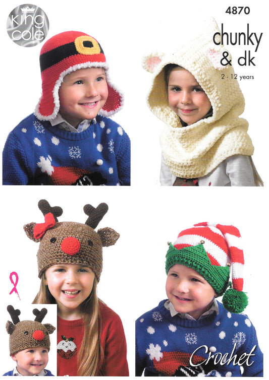 4870 King Cole Crochet pattern. Kid's Novelty Hats. Chunky & DK