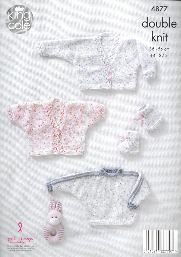 4877 King Cole Double Knit Cardigans, Sweater and Bootees knitting pattern