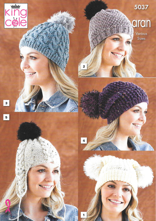 King Cole 5037 knitting pattern - Aran Ladies hats