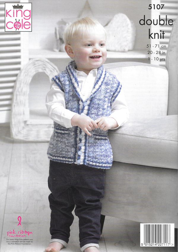 5107 King Cole double knit Baby Sweaters/Waistcoat knitting pattern
