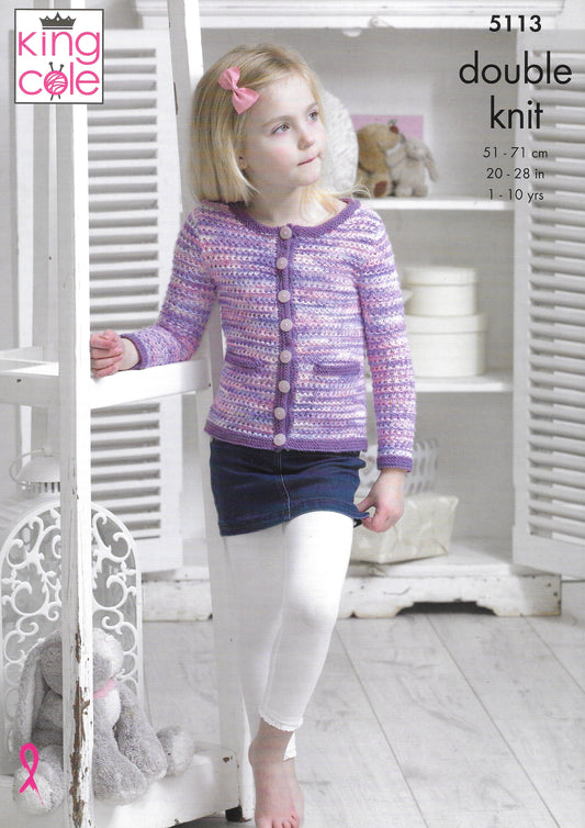 5113 King Cole double knit Cardigan, Top and Dress knitting pattern