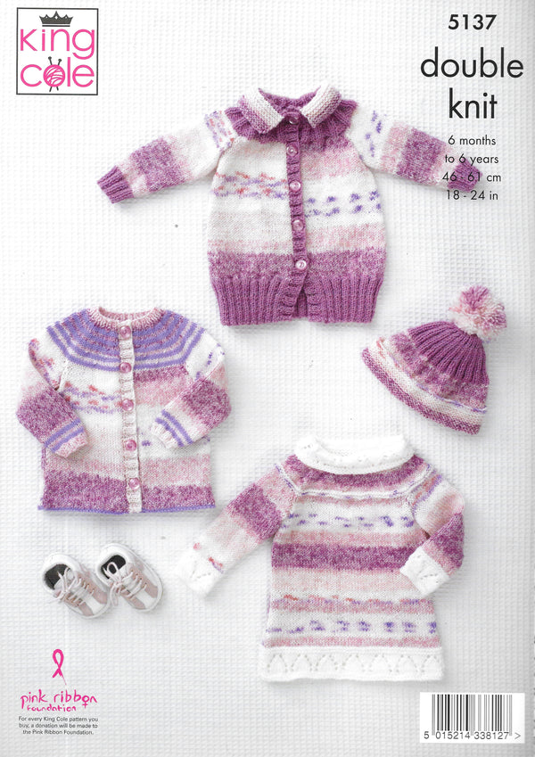 5137 King Cole double knit Cardigan, Coat, Tunic and Hat knitting pattern