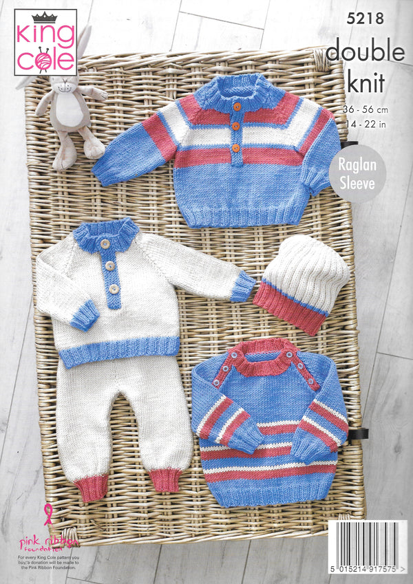 5218 King Cole double knit Sweaters/Pants/Hat knitting pattern