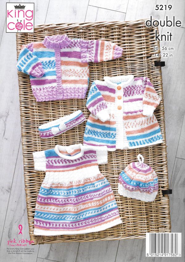 King Cole 5219 DK Cardigan/Dress/Coat/Beret/Headband knitting pattern