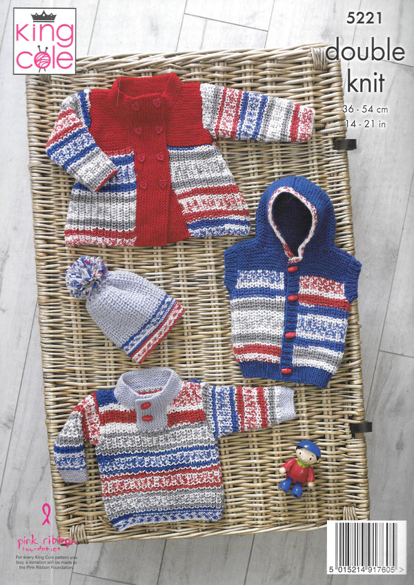 King Cole 5221 DK Coat/Gilet/Sweater/Hat knitting pattern