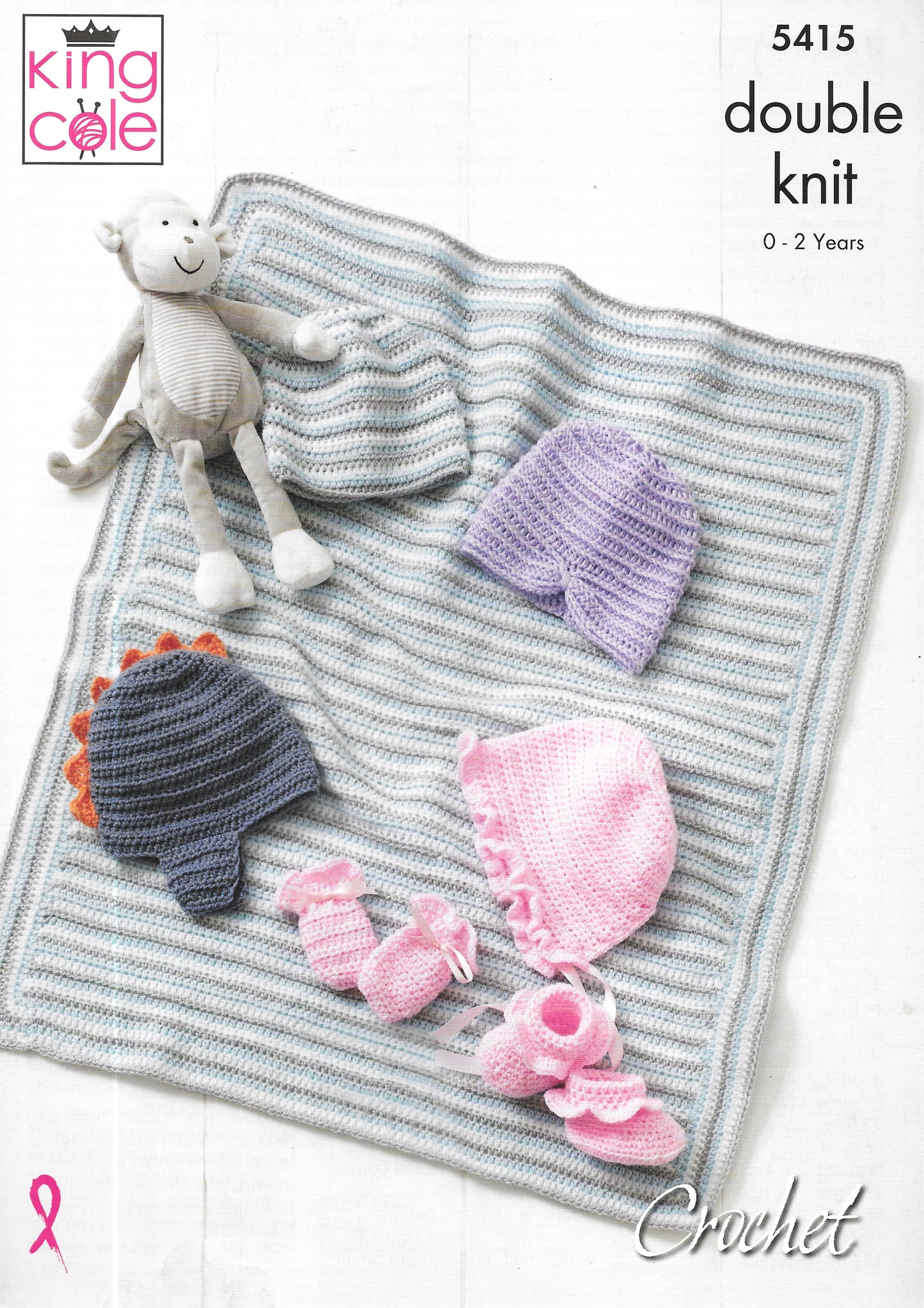 5415 King Cole Crochet pattern. Baby Hats, mitts, bootees and blanket. DK