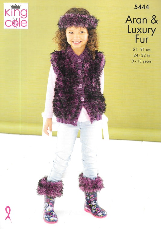 5444 King Cole knitting pattern. Child's Jacket/Gilet/ Boot Toppers/Hat/Headband in Aran
