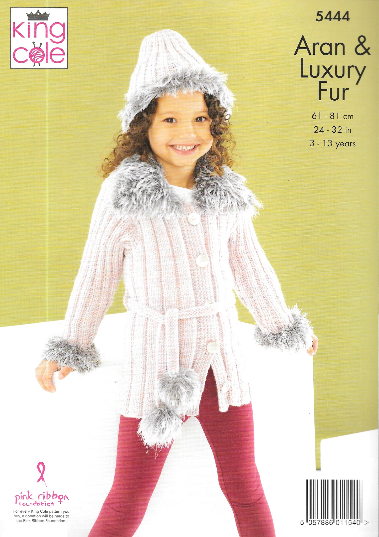5444 King Cole knitting pattern. Child's Jacket/Gilet/ Boot Toppers/Hat/Headband in Aran