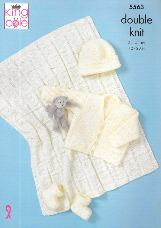 King Cole 5563 Double Knit Cardigan/Hat/Bootees/Blanket knitting pattern