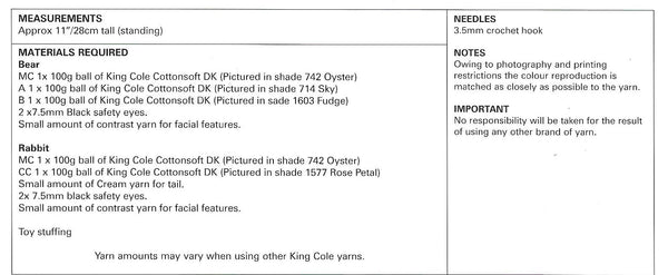 9126 King Cole Cottonsoft dk Crochet Bear and Rabbit crochet pattern