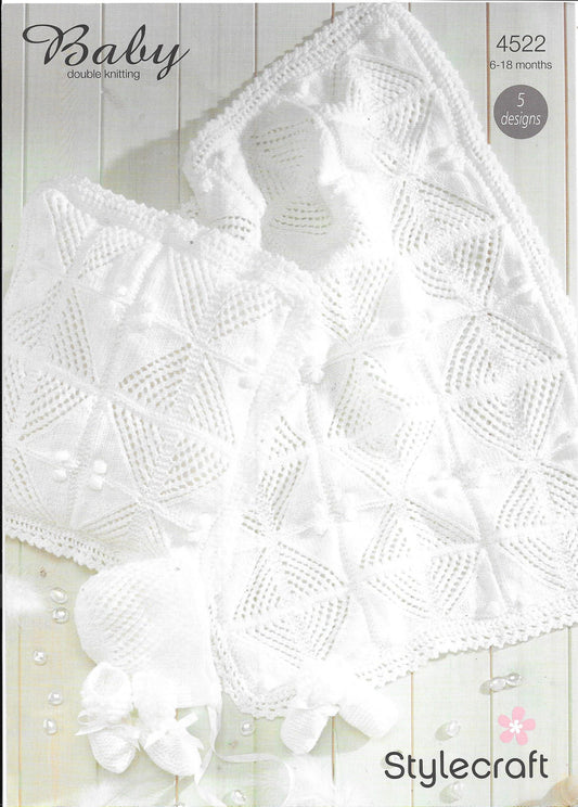 4522 Stylecraft Knitting Pattern. Baby blanket/cushion/bonnet/bootees/mittens