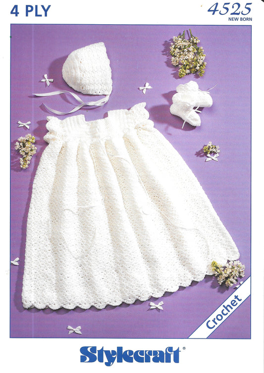 4525 Stylecraft Crochet pattern. Dress, bonnet and bootees. 4 ply