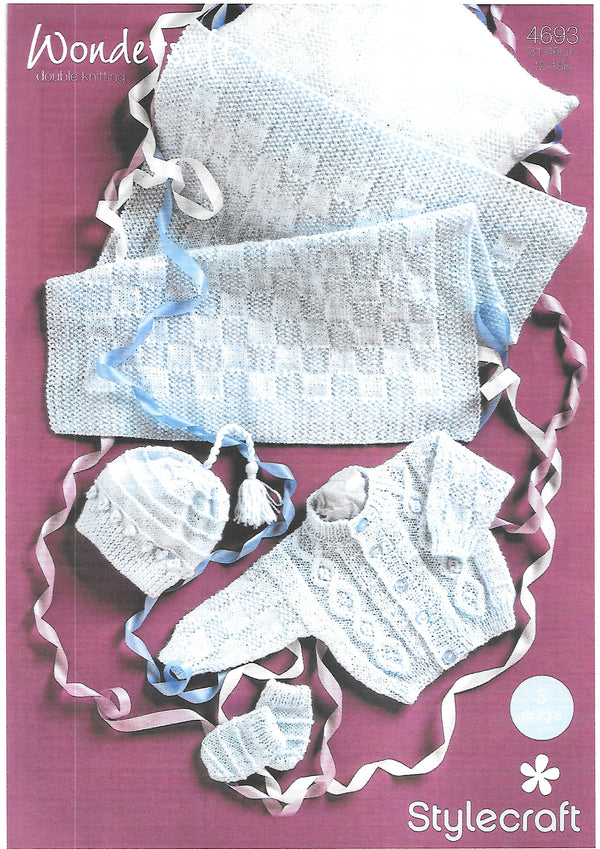 4693 King Cole knitting pattern. Jacket, Hat, Mittens, Blanket and Pillow.