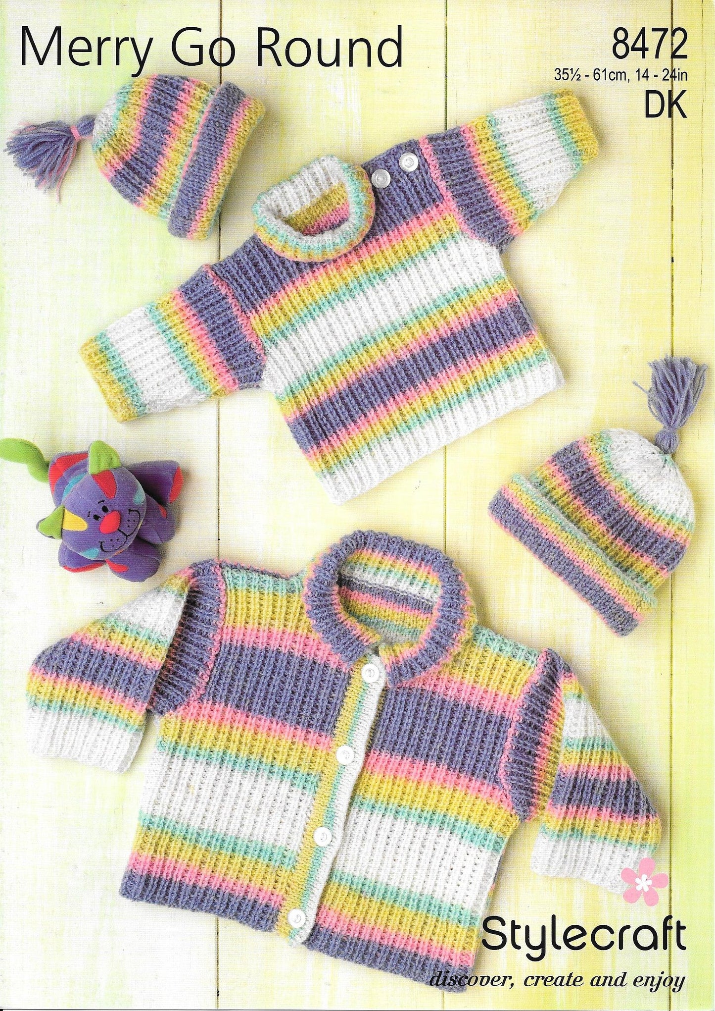 8472 Stylecraft Knitting Pattern. Sweater, Cardigan and hat. DK 14-24" chest