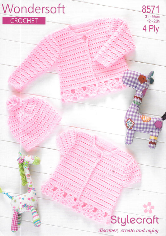 Stylecraft 8571 Crochet pattern. Cardigans and Hat. 4 ply