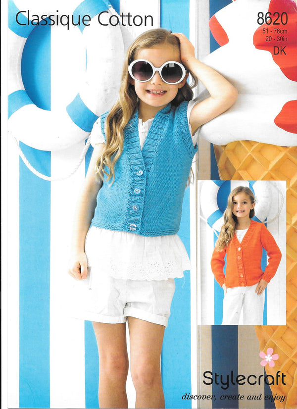 Stylecraft 8620 Knitting Pattern. Girl's cardigan/waistcoat  DK. 20-30" chest