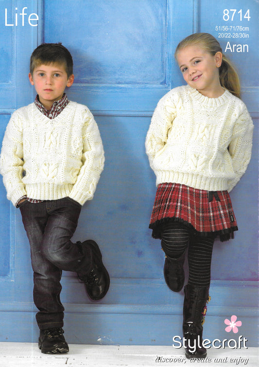 8714 Stylecraft knitting pattern. Child's sweaters. Aran