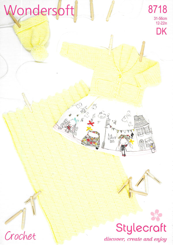Stylecraft 8718 Crochet pattern. Cardigan, hat and blanket. DK