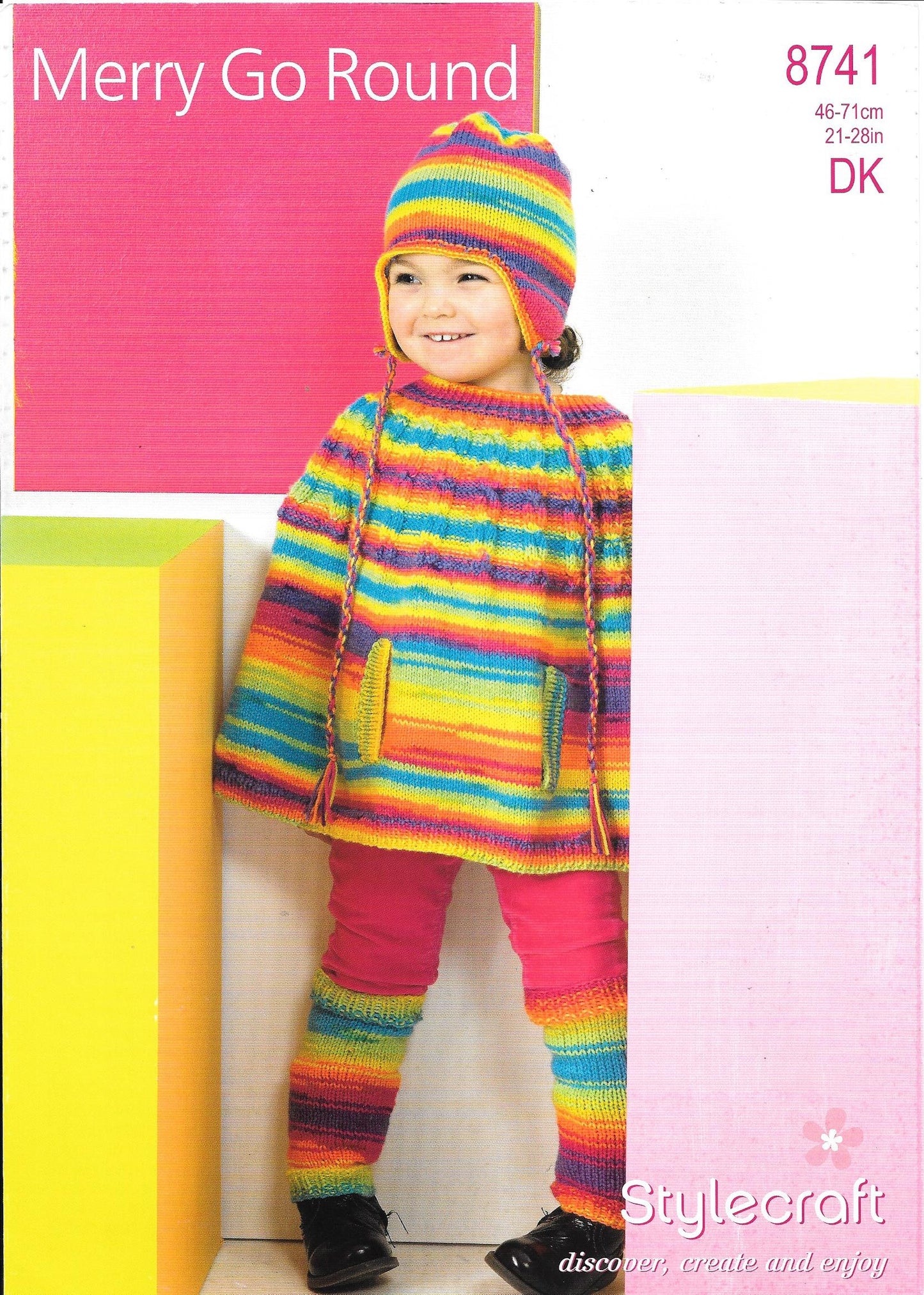 8741 Stylecraft Knitting Pattern. Cape, leg warmers, hat. DK. 18-28" chest