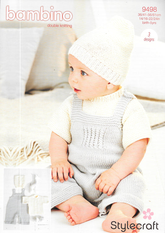 9498 Stylecraft knitting pattern. T-shirt, Dungarees, Hat. Double Knitting