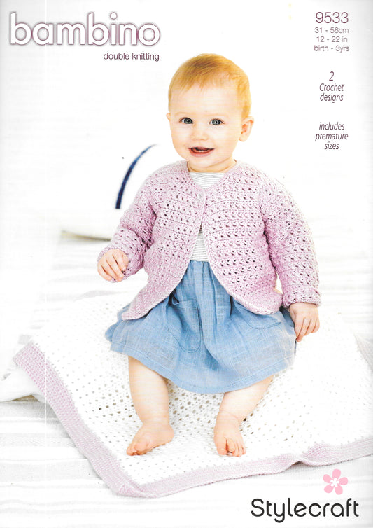 9533 Stylecraft crochet pattern. Child's lacy cardigan Double Knitting