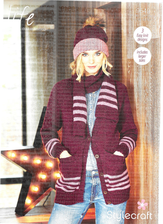 9549 Stylecraft knitting pattern. Lady's cardigan/scarf/hat. Double Knitting