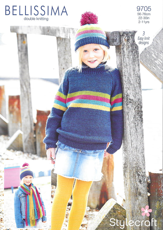 9705 Stylecraft knitting pattern. Child's Sweater/Scarf/Hat. Double Knitting