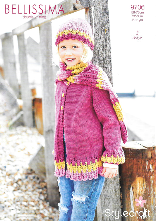 9706 Stylecraft knitting pattern. Child's Sweater/Scarf/Hat. Double Knitting
