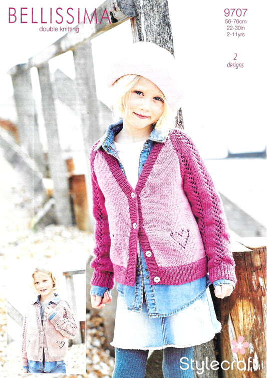 9707 Stylecraft knitting pattern. Child's cardigan with lacy sleeve. Double Knitting