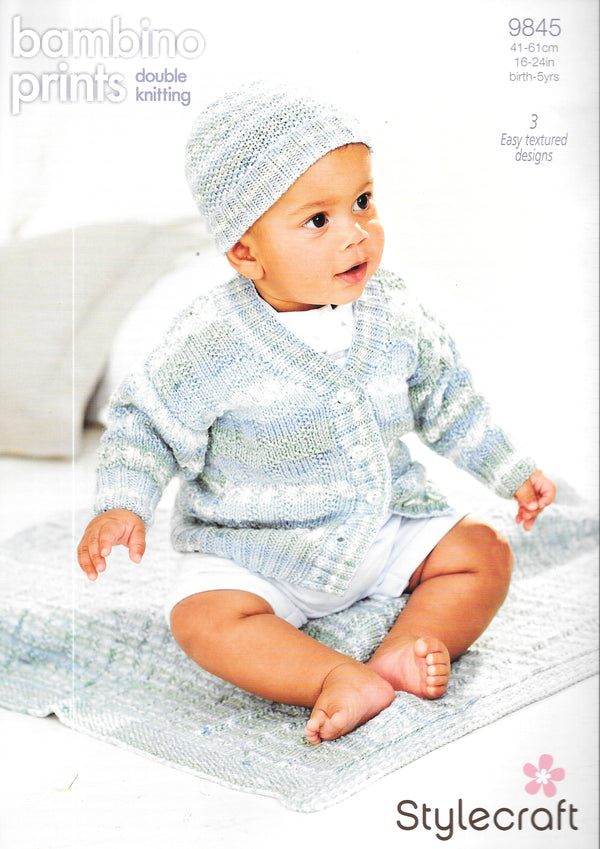 Stylecraft 9845 knitting pattern - DK Child's Cardigan/Hat/Blanket