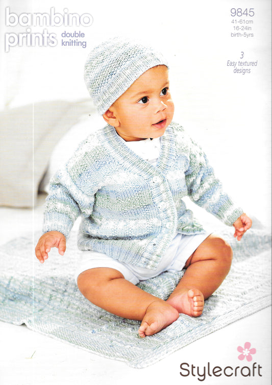 Stylecraft 9845 knitting pattern - DK Child's Cardigan/Hat/Blanket