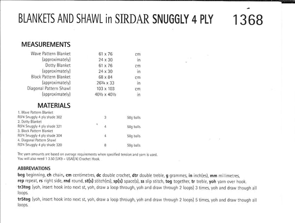 Sirdar 1368 Blankets and Shawls in Sirdar Snuggly 4ply - Crochet pattern