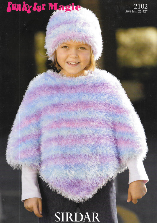 PRELOVED Sirdar 2102 Knitting Pattern - Child's Poncho and Hat in Funky fur/DK