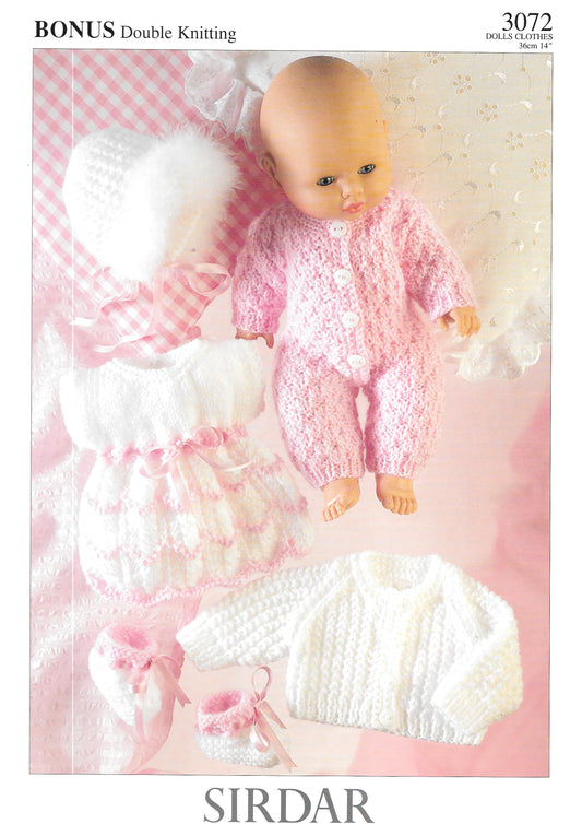 3072  Sirdar Knitting Pattern. Doll's Clothes Double Knitting Yarn. 14" tall doll