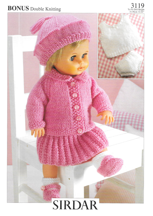 3119 Sirdar Knitting Pattern. Doll's Clothes Double Knitting Yarn. 12-22" tall doll