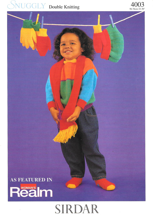 Sirdar 4003 Snuggly DK Pattern for Sweater, Scarf, Hat, Socks, Gloves and Mittens Knitting Pattern