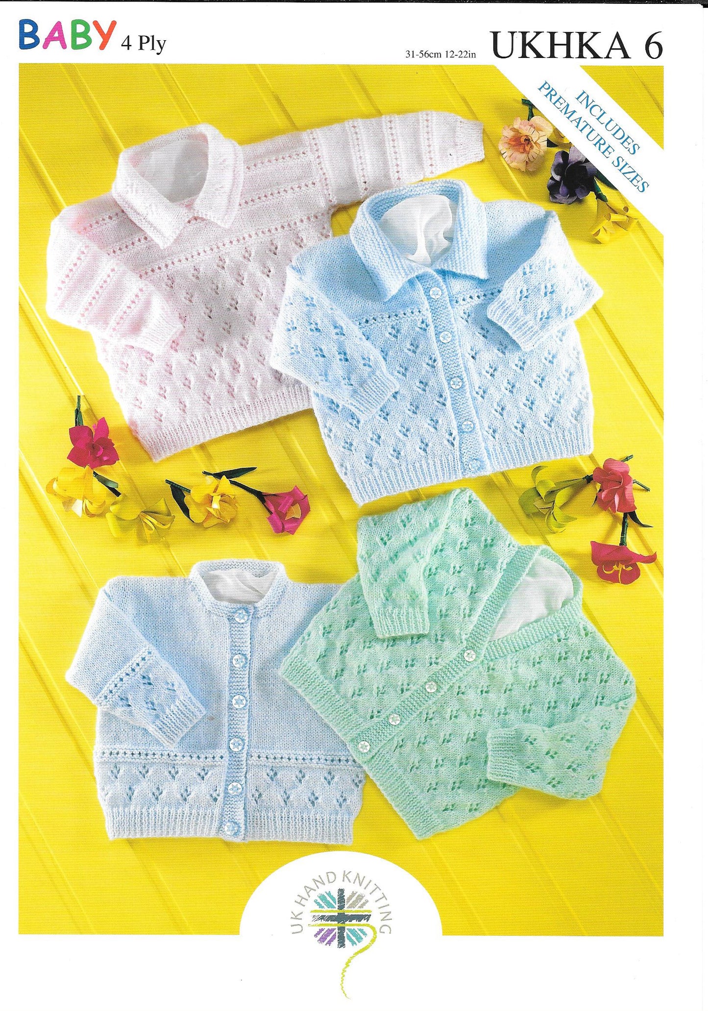 6 UKHKA Baby Cardigans in 4ply knitting pattern