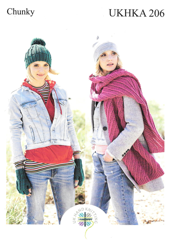 UKHKA 206 Knitting Pattern - Chunky Knitting Yarn - Adult Hat/Scarf/Mittens