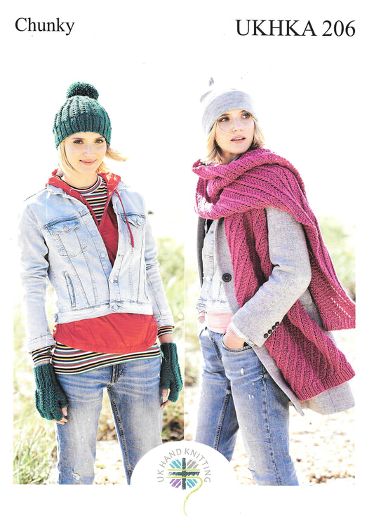 UKHKA 206 Knitting Pattern - Chunky Knitting Yarn - Adult Hat/Scarf/Mittens