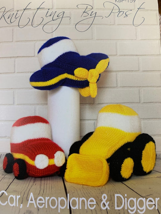 KBP-159 Car, Aeroplane and Digger toy in Dk knitting pattern