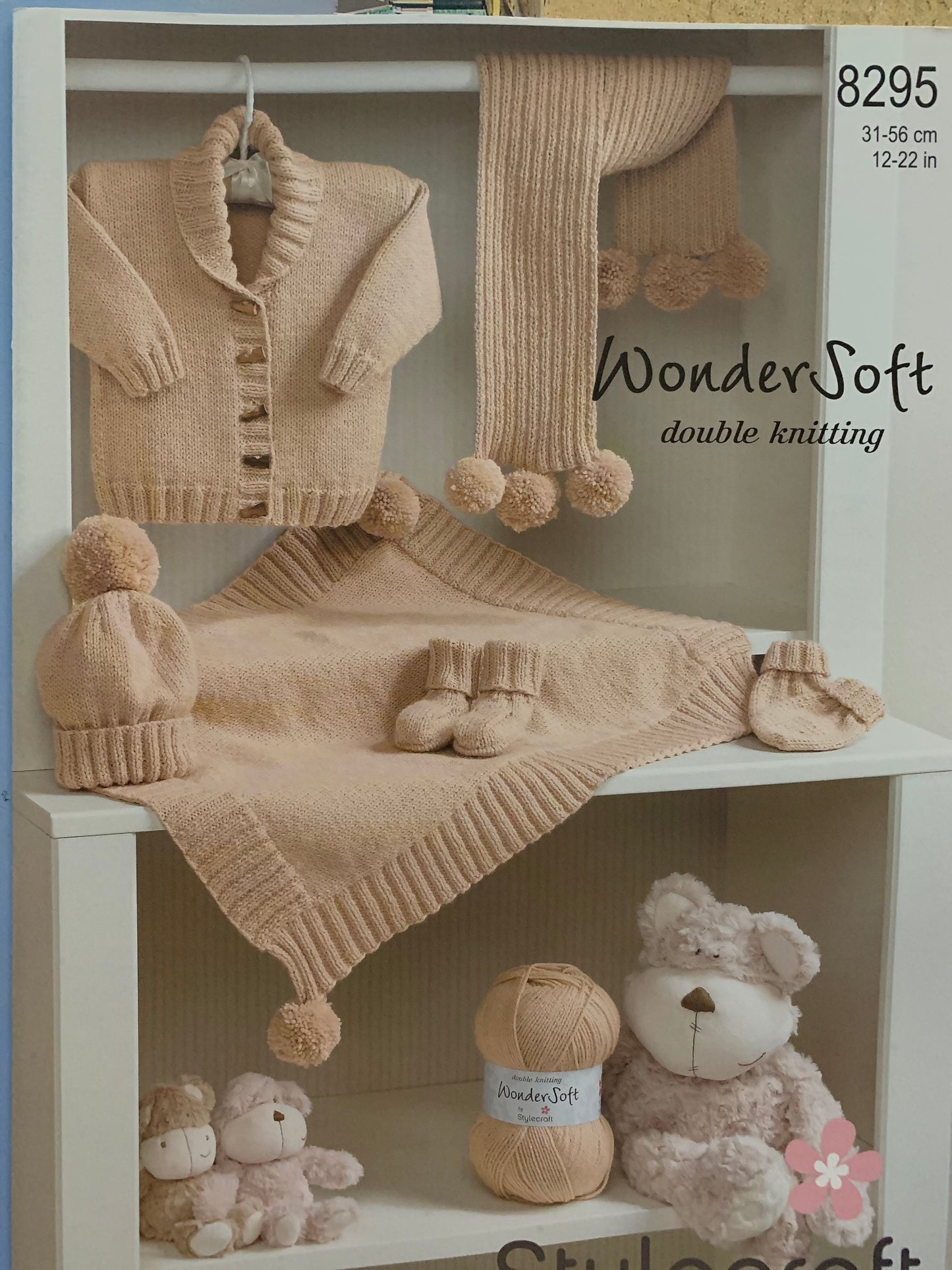 8295 Stylecraft Wondersoft dk baby jacket blanket scarf hat mittens and bootees knitting pattern