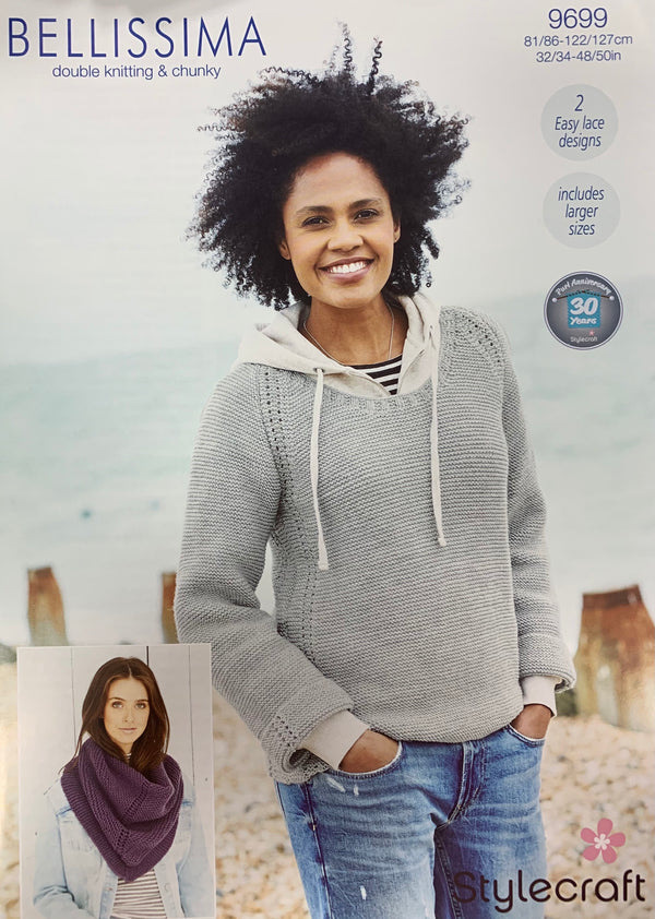 9699 Stylecraft Bellissima Dk & Chunky Ladies Sweater and scarf knitting pattern